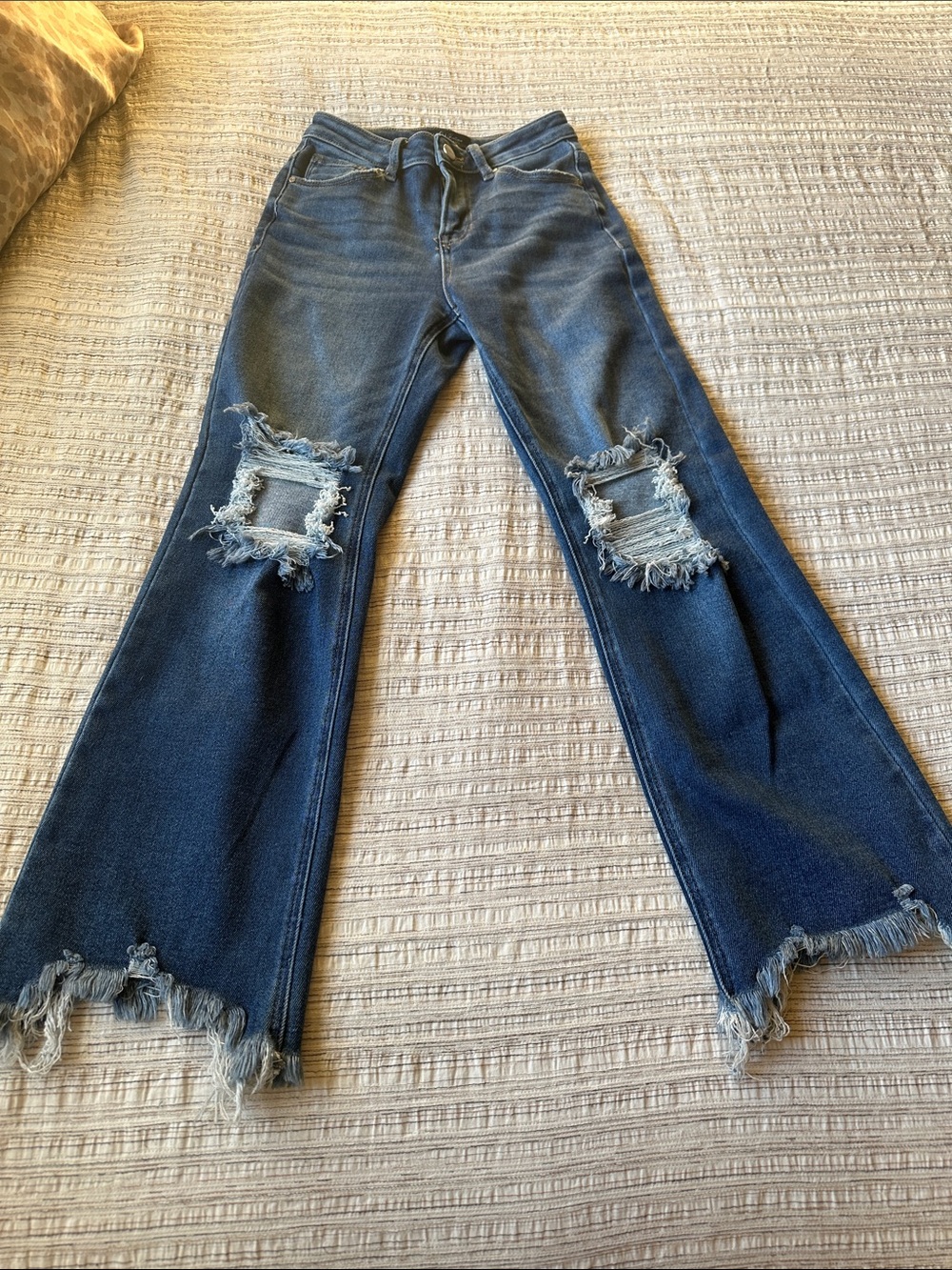 Risen Women's Dark Blue Distressed Flare Jeans with Raw Hem
